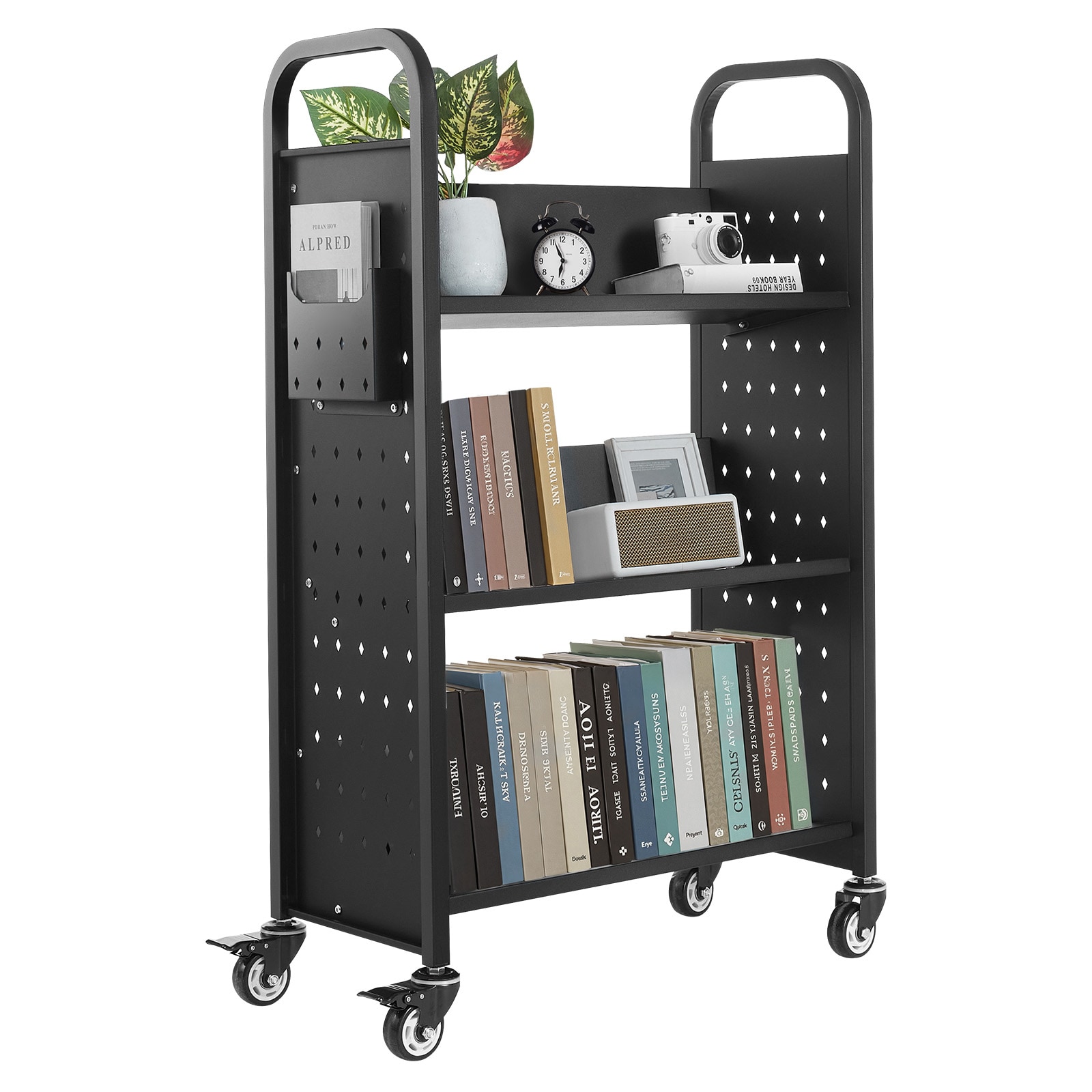 3-tier Rolling Book Cart With V-shaped Shelves In Black_voghion.com